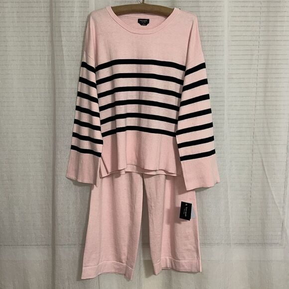 kate spade LβPink Black Stripe Crewneck Knit Long Sleeve Pant Lounge PJ Outfit - Picture 9 of 17